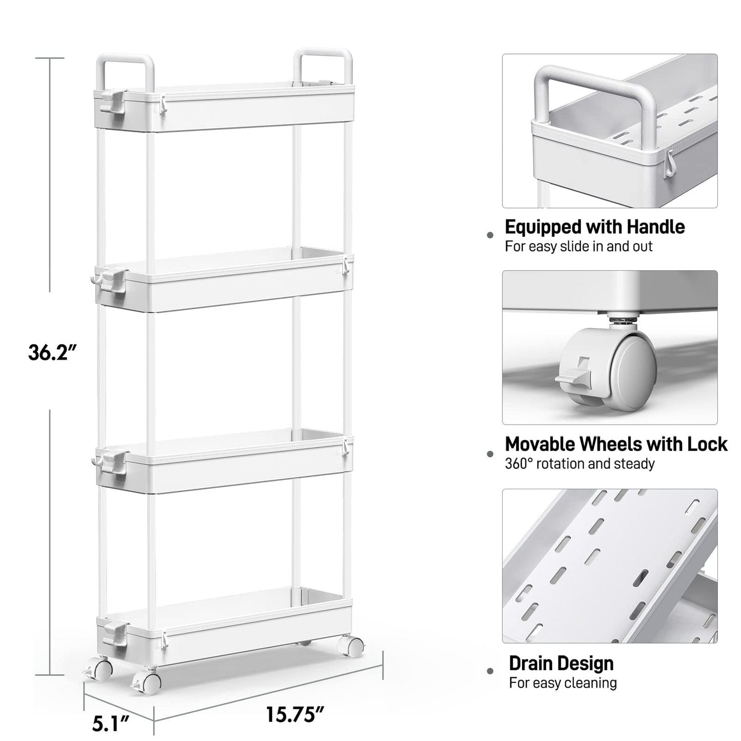 SOLEJAZZ 4-Tier Storage Trolley Cart Slide-out Slim Rolling Utility Cart Mobile Storage Shelving Organizer for Kitchen, Bathroom, Laundry Room, Bedroom, Narrow Places, Plastic, White