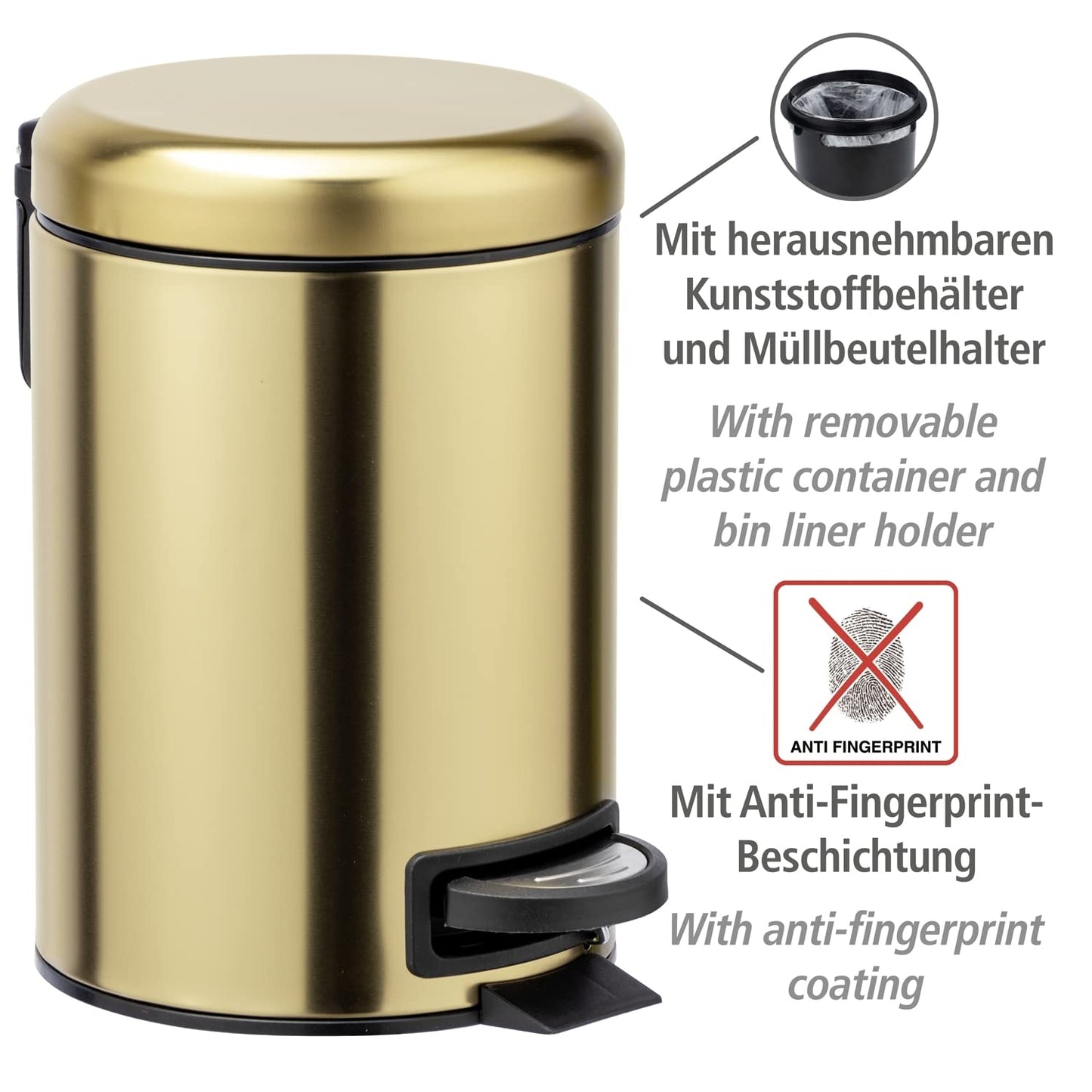 Wenko Leman Cosmetic Pedal Bin Matte Gold 3 L – Cosmetic Bin, Rubbish Bin with Anti-Fingerprint, Capacity: 3 litres, stainless steel, 17 x 25 x 22.5 cm, gold Gold/Black