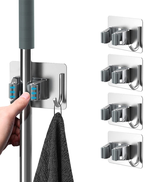 HOMEASY Mop Broom Holder, 4 Pcs Stainless Steel Self Adhesive Mop Holder Wall Mounted with Hooks Hanger Self-Adhesive Broom Holder for Bathroom, Kitchen, Office, Closet, Garden Garage (Silver) Silver