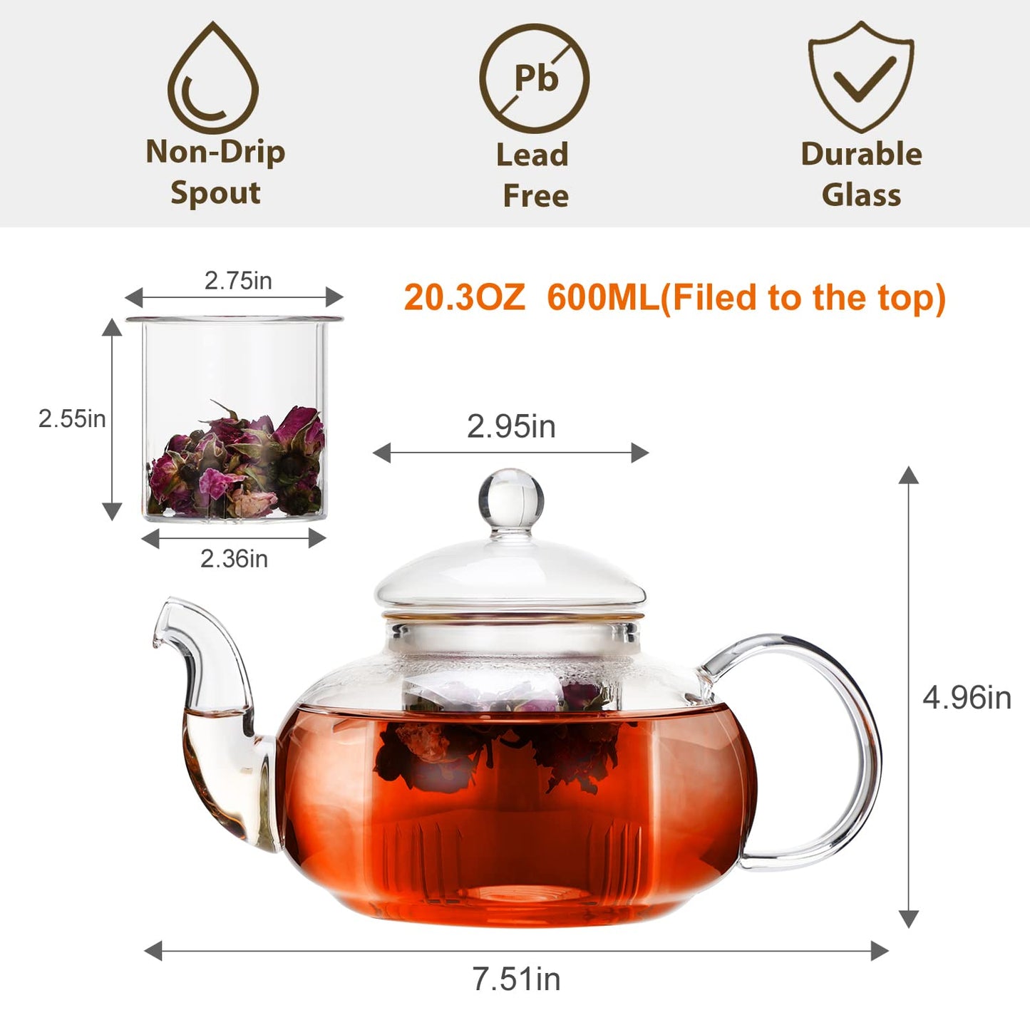 CnGlass Glass Teapot Stovetop Safe,Clear Teapot with Removable Infuser 600ML/20.3OZ,Borosilicate Glass Teapot with Strainer for Loose Tea and Blooming Tea Maker