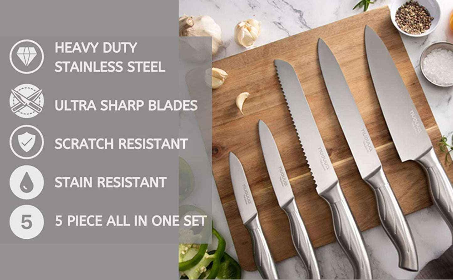 nuovva Sharp Kitchen Knife Set - Professional Kitchen Knives - 5 Pieces Stainless Steel Blades with Gift Box - Includes Chefs, Bread, Carving, Utility and Paring Knife 5pcs Stainless Steel Set