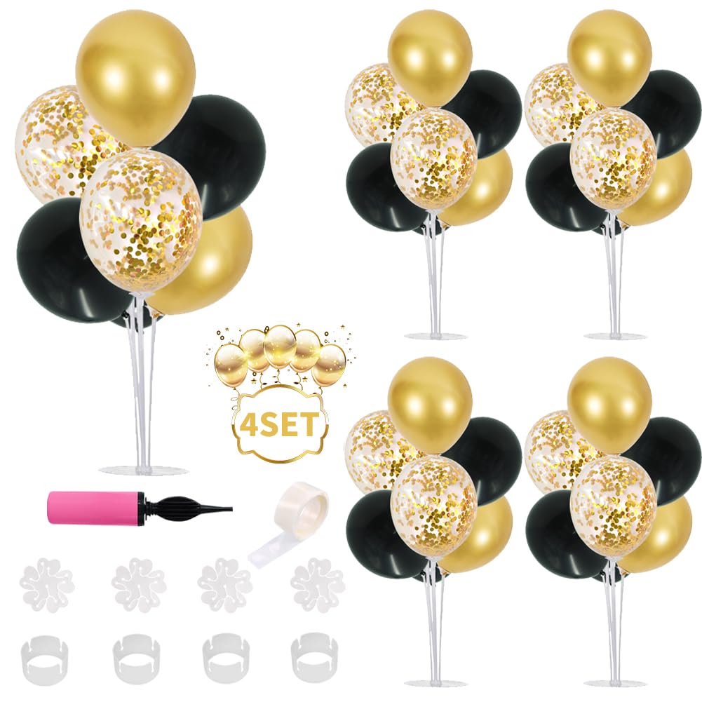 Balloon Stand Kit 4 Sets for Table Centerpieces Include 32 Pcs Black Gold Latex Confetti Balloons for Birthday,Graduation, Boy Baby Shower, Table Party Decorations 4 Pack-black/Gold