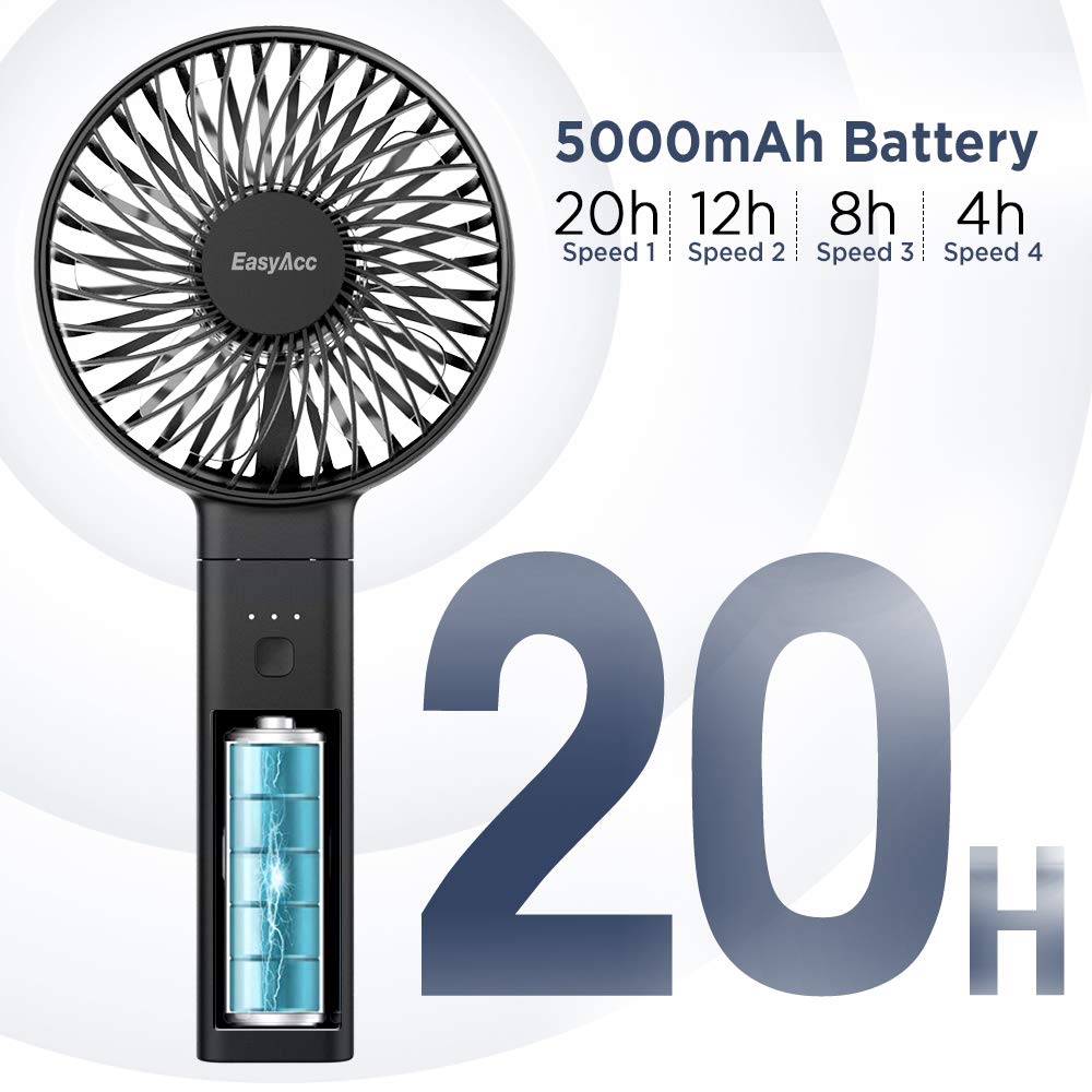 EasyAcc Handheld Fan, 2024 New 5000 Battery Operated Portable Fan [ 4 Speed 20 Hours Quiet Powerful Hand Fan ] Power Indicator/One Touch Power Off Foldable Personal Desk Fan for Travel Office Outdoor Black 4-21 Hours Working Time