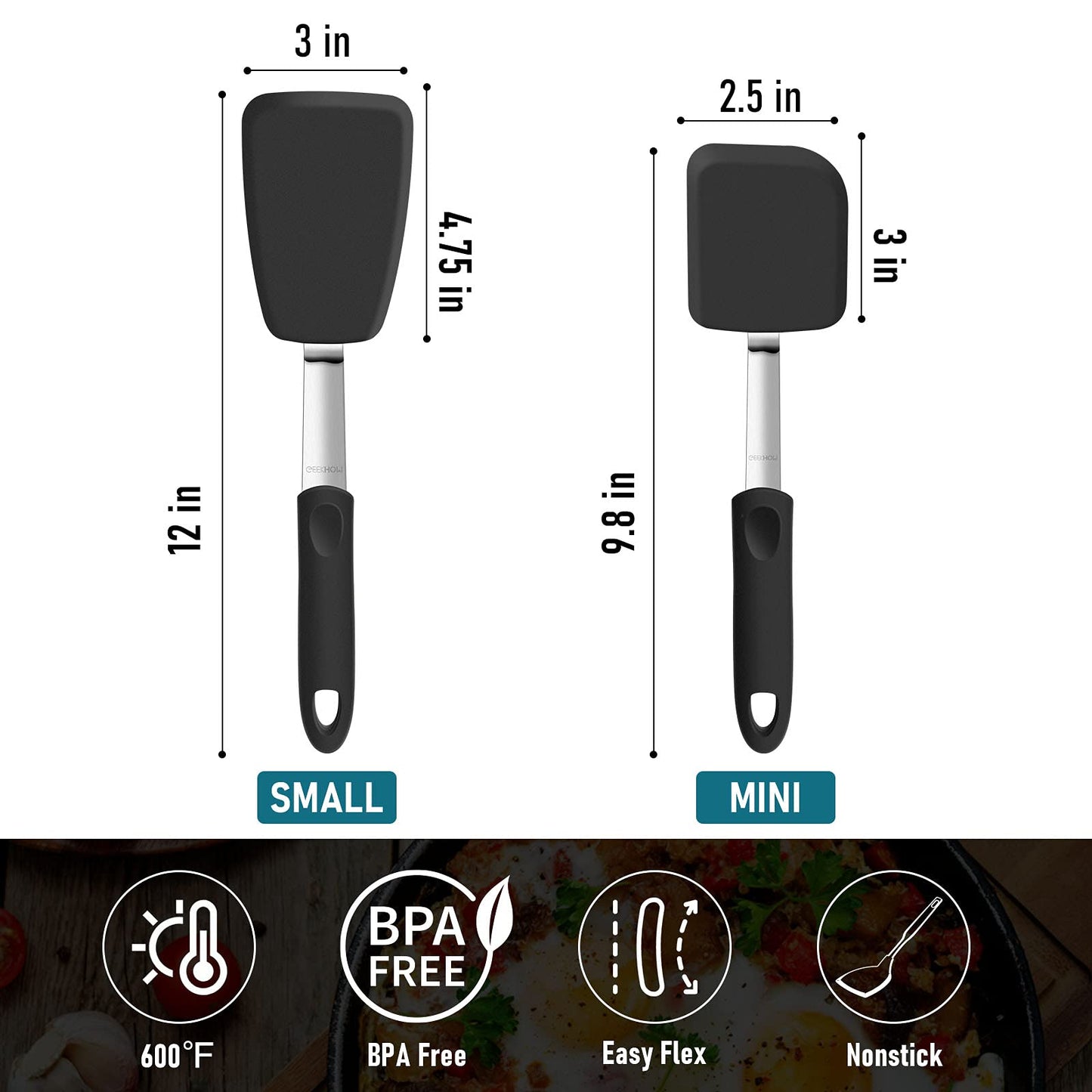 Silicone Spatula Turner for Nonstick Cookware - GEEKHOM 600°F Heat Resistant Flexible Kitchen Spatula, Small Cooking Utensils Non Scratch Spatulas, Accessory for Burger, Egg, Baking 2 Pack Black