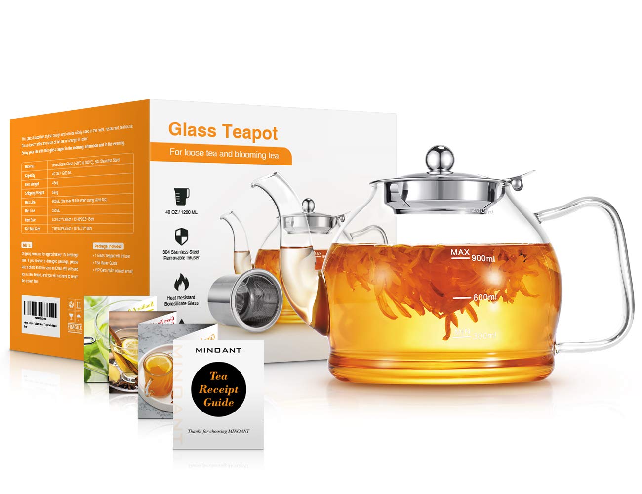 Glass Teapot, 1200ml Teapot, Tea Pot for Blooming Tea, Flowering Tea Pot Gift Set, Teapot with Infuser, Scale line Borosilicate Glass Teapot Stovetop Safe Cover Tea Brewer Guide, Teapots for 4-6 Cups