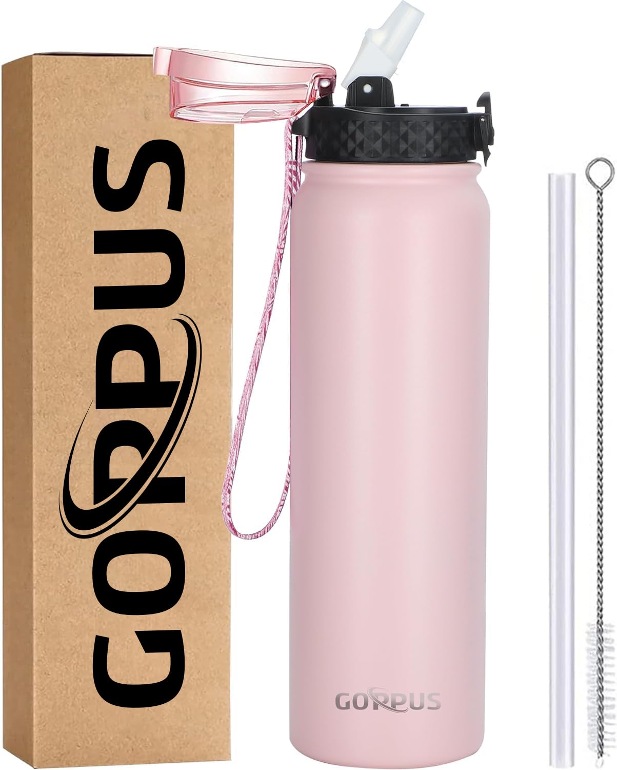 GOPPUS 1L/32oz Stainless Water Bottle with Straw 1 Litre Hot Thermal Water Flask Double Wall Steel Water Bottles Insulated Water Bottles Leakproof Cold Water Bottle Adult Pink 1000ml/32oz-1 Lid