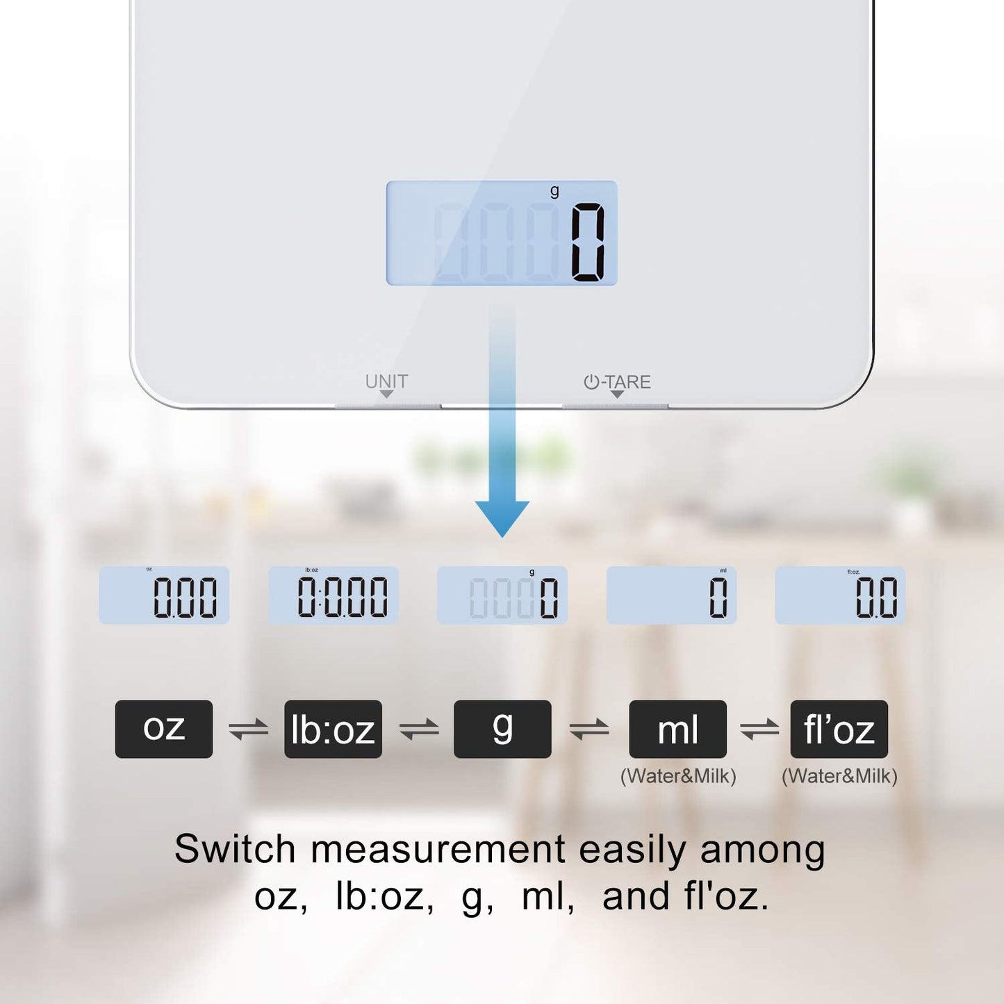 RENPHO Electronic Digital Kitchen Scales with Tare Function, Food Weighing Cooking Scale for Baking and Calorie Counting, Tempered Glass Platform with LCD Display, 5 Units Conversion, 5kg/11lb, White