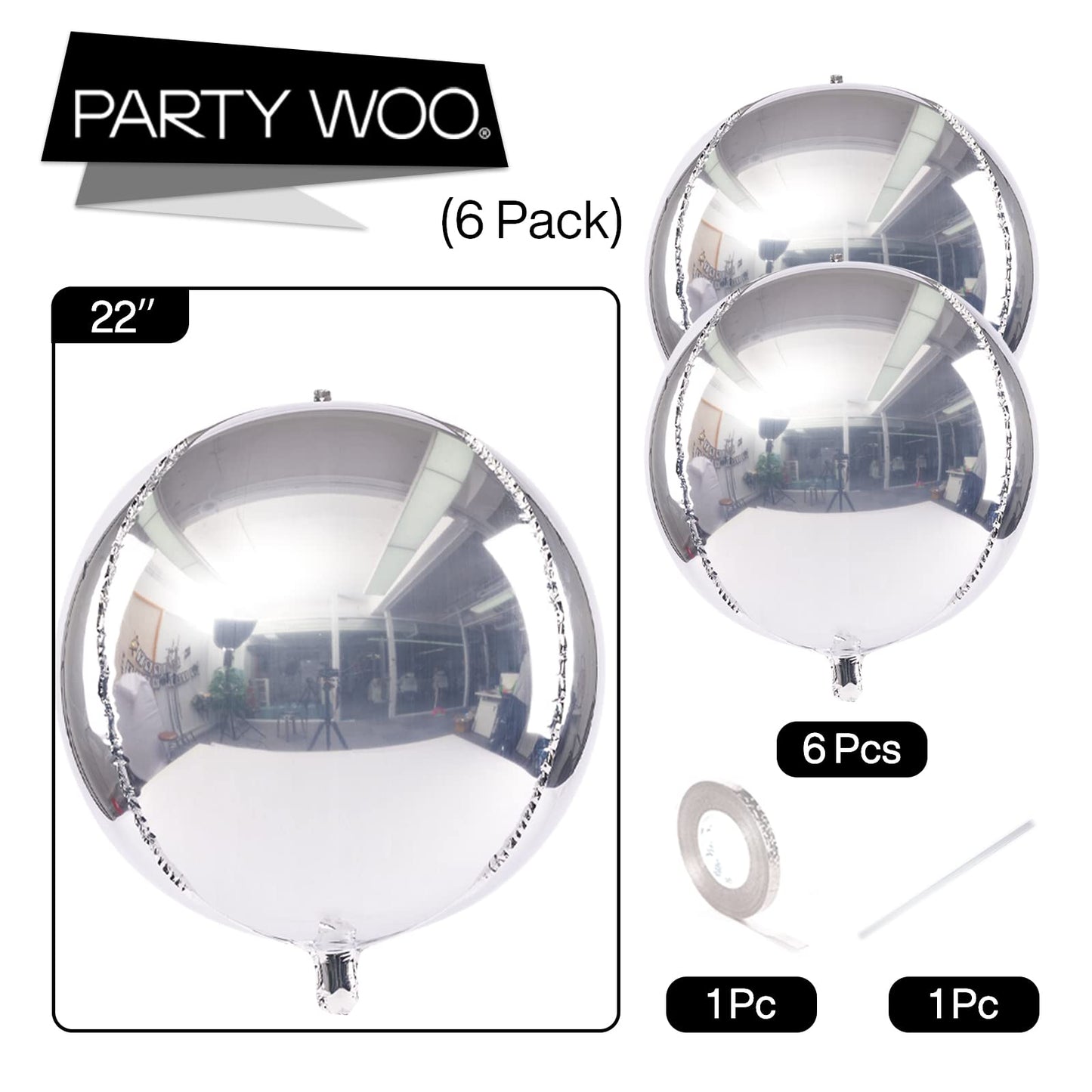 PartyWoo Silver Balloons, 6 pcs Silver Birthday Decorations, 22 inch Giant 4D Foil Balloons, Ribbon, Large Mylar Balloons, Metallic Silver Balloons for Baby Shower Party, Birthday Decorations Silver-0214 Round