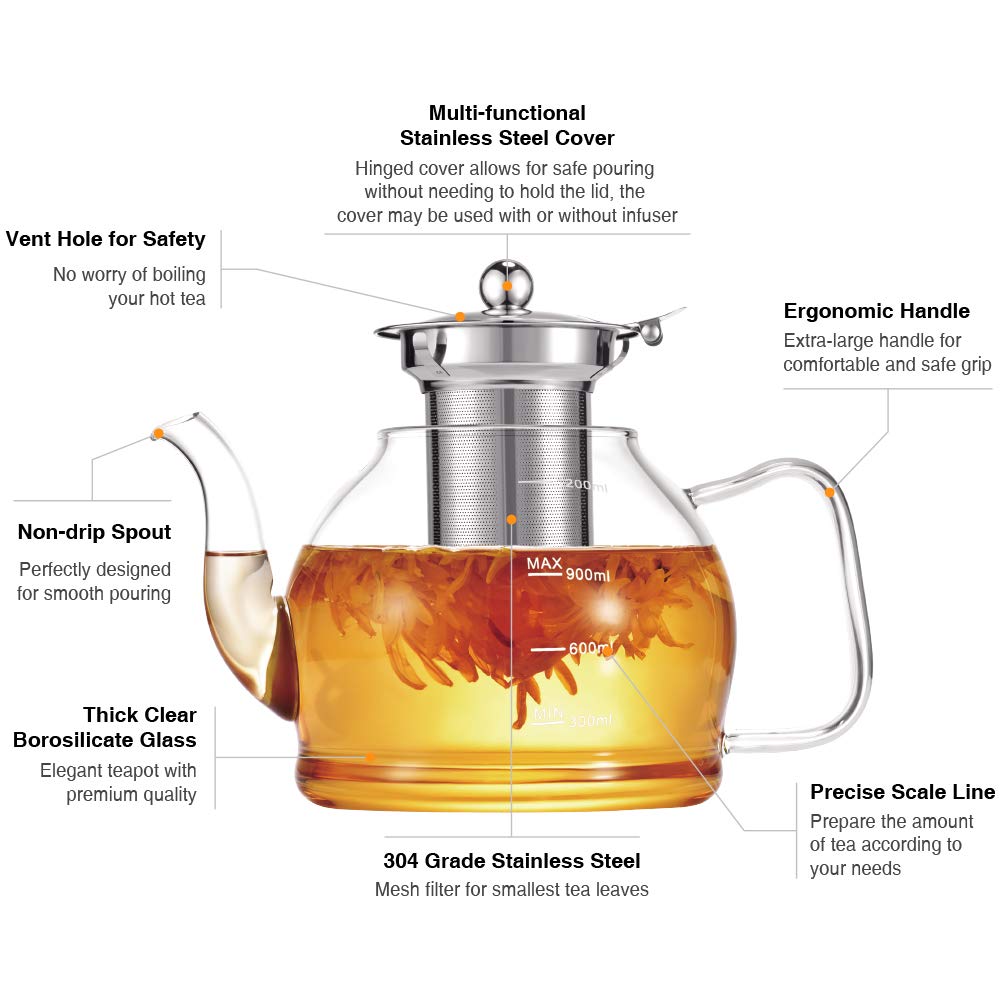 Glass Teapot, 1200ml Teapot, Tea Pot for Blooming Tea, Flowering Tea Pot Gift Set, Teapot with Infuser, Scale line Borosilicate Glass Teapot Stovetop Safe Cover Tea Brewer Guide, Teapots for 4-6 Cups