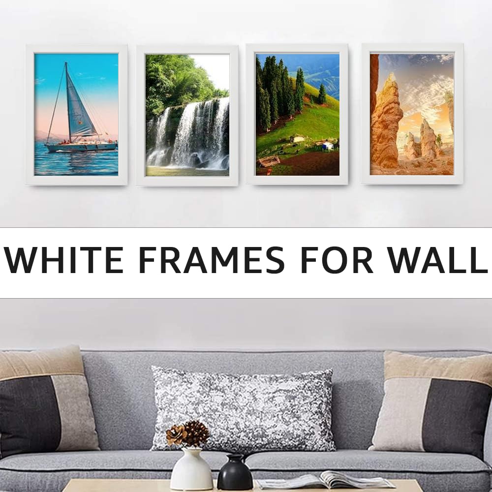 A4 Picture Frames Versatile, Pack of 4, White, Photo Frame 21 x 30 cm Display, Landscape or Portrait Orientation, Wall-Mount & Desk Stand