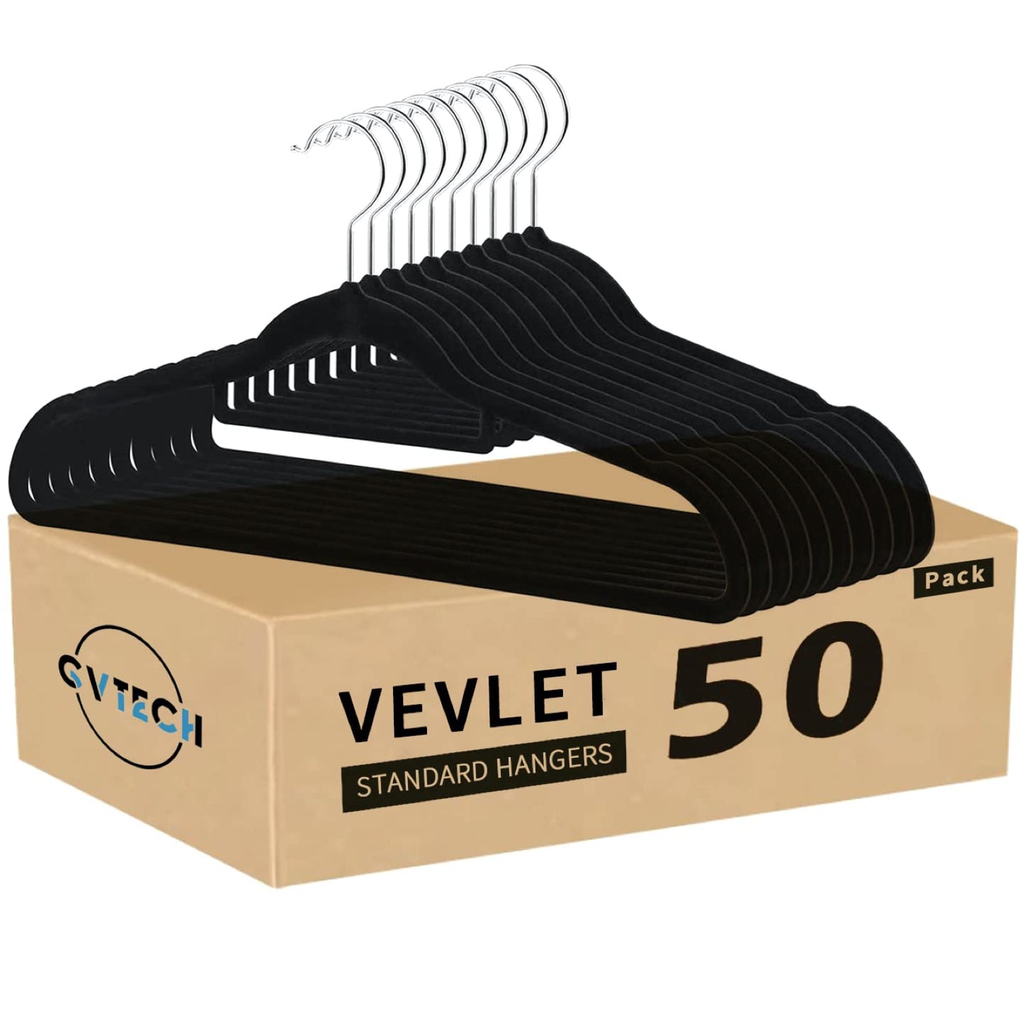 GVTECH Premium Velvet Hangers, [50 Pack] Non Slip and Heavy Duty Velvet Suit Hangers (45cm) with Tie Bar, 360° Swivel Hooks, Sturdy to hold Jumper, Pullovers, Jackets & Hoodies (Black) Black 50 Pack