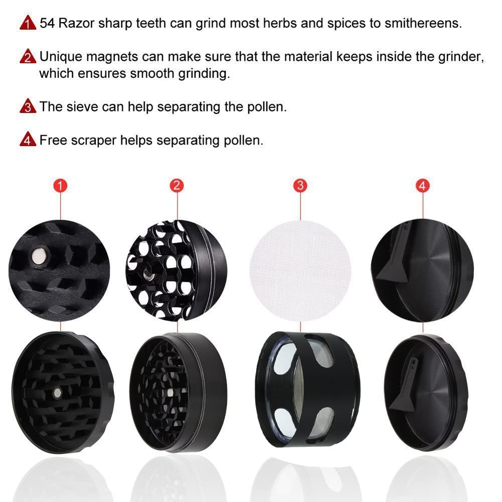 DCOU Premium Herb Grinder 2.2 Inches 4 Piece with Pollen Catcher Durable Zinc Alloy Grinder Spice Grinder (Black) Black