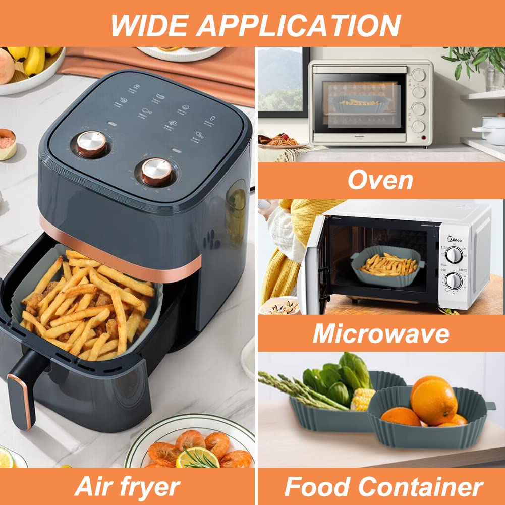 YQL Silicone Air Fryer Liner for COSORI/Tefal, 2PCS Square Air Fryer Liner 8 inch Reusable Air Fryer Accessories Air Fryer Silicone Pot for 3.5L-5.5L Gourmia, Tower Air Fryer (Inner Size: 6.5inch) Grey-2pcs