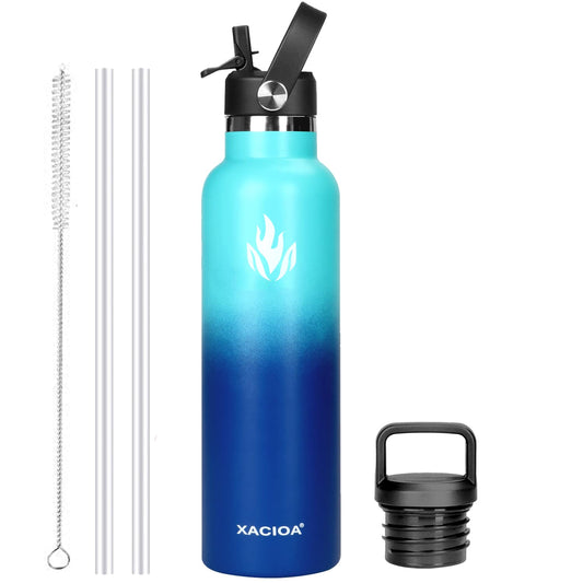 XACIOA Stainless Steel Water Bottle With Straw -for Hot/Cold Drinks 500/750/1000/ml Vacuum Insulated Leak Proof Water Bottle,BPA Free - with 2 replacement lid and straw Brush 1000ML Ocean