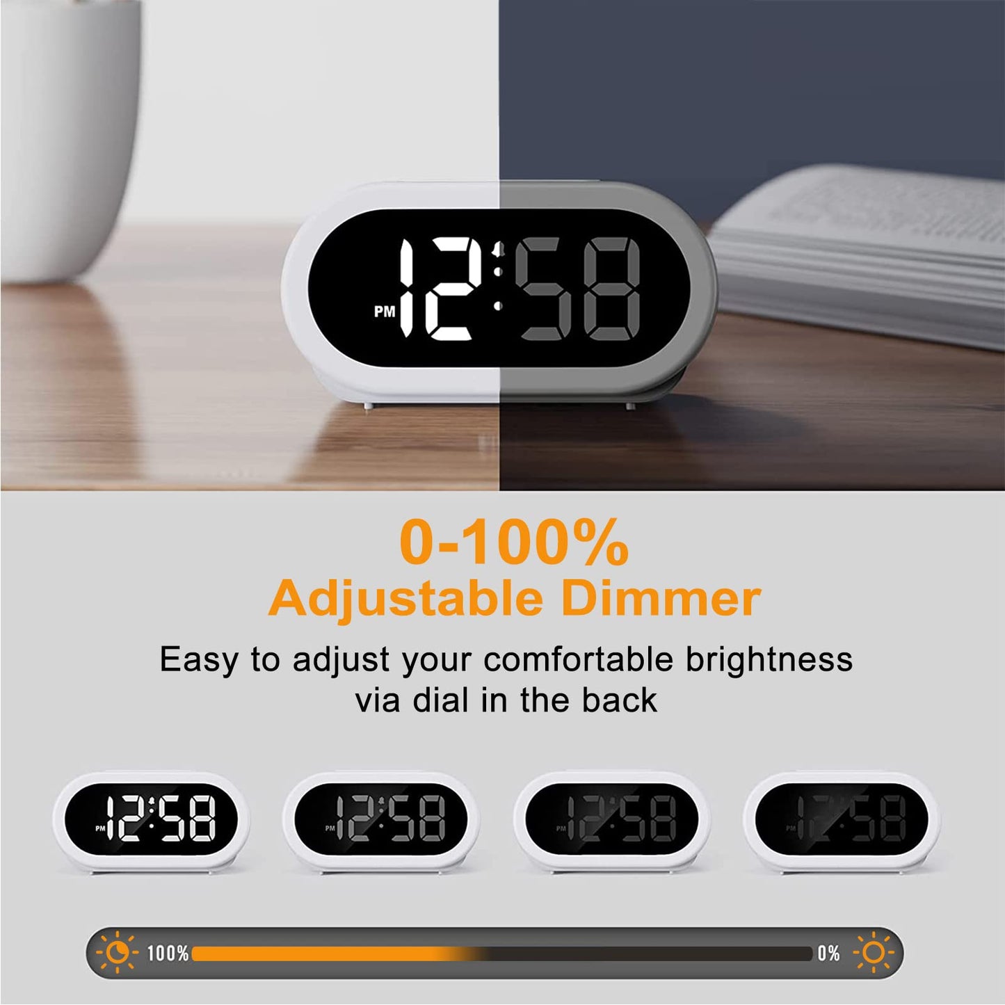 OCUBE LED Digital Alarm Clock with 5 Optional Alarm Sounds, USB Charging Port, Full-Range Brightness Dimmer, Big White Digit Display, Snooze, Adjustable Alarm Volume, Mains Powered