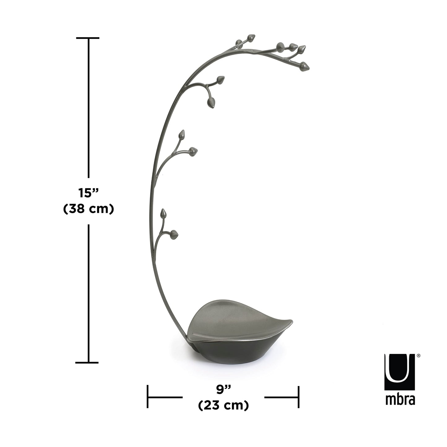 Umbra Orchid Jewelry Hanging Tree Stand - Multi-Functional Necklace Holder Display Organizer Rack With a Ring Dish Tray, Gun Metal, 15"L x 5.5"W x 9"H Single