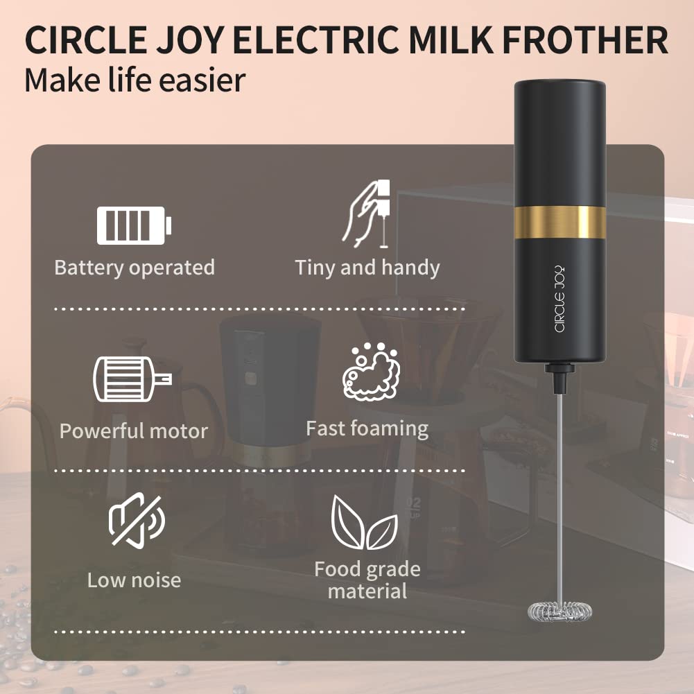 CIRCLE JOY Milk Frother Handheld, Frother for Coffee, Drink Mixer Battery Operated, Electric Whisk, Mini Mixer Wand for Matcha, Gold Battery Operated - Black Gold