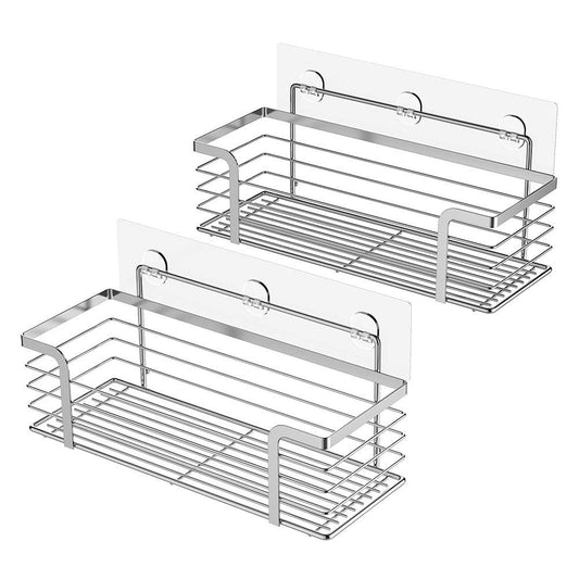 OriwarE Adhesive Shower Caddy Organiser Basket Bathroom Shelf Storage Wall Mounted SUS304 Stainless Steel No Drilling - 2 Pack B-silver