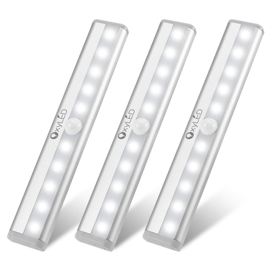 OxyLED Motion Sensor Lights Indoor, 3 Pack Under Cabinet Kitchen Lights Wardrobe Lights 6000K Battery Lights Led Strip Lights Stick on Lights with Magnetic Strip Auto On/Off for Stairs Kitchen