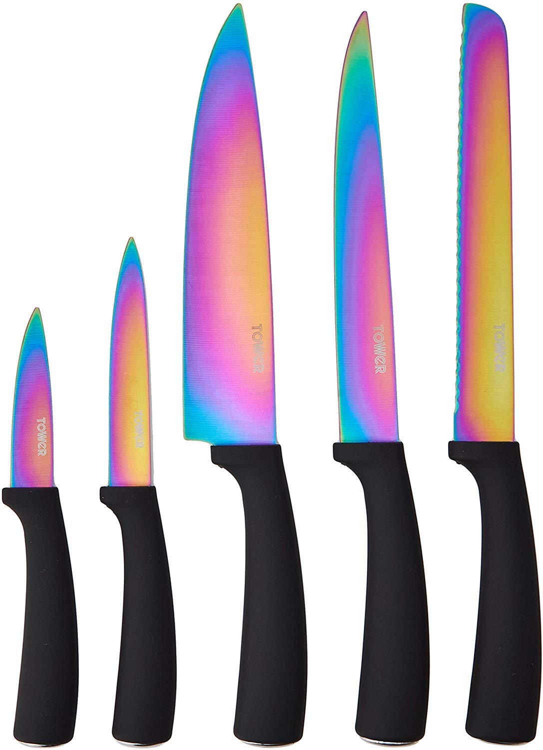 Tower T80703 Kitchen Knife Set with Acrylic Knife Block, Multi-Coloured Blades with Black Handles, 5-Piece 5-piece Knife Set with Stand, Multicolour