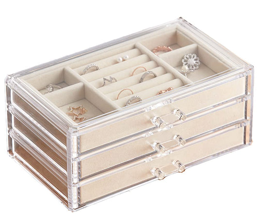 HerFav Jewellery Box for Women with 3 Drawers, Velvet Jewellery Organiser for Earring Bangle Bracelet Necklace and Rings Storage Clear Acrylic Jewellery Box Earring Holder Transparent Cream - 3 Drawers