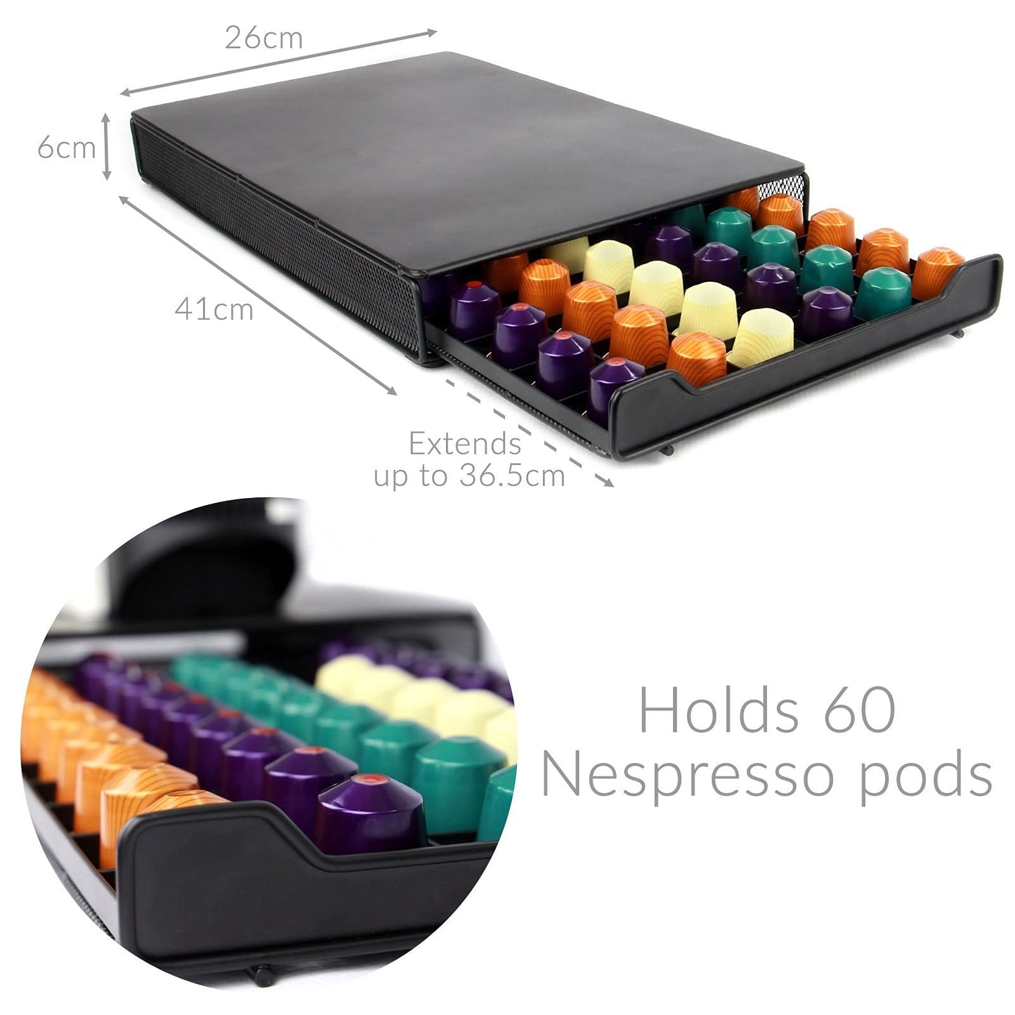 60 Pod Coffee Drawer | Stylish Black Capsule Organiser | Nespresso Compatible | Drawer Storage & Coffee Machine Stand | Non - Slip feet | M&W