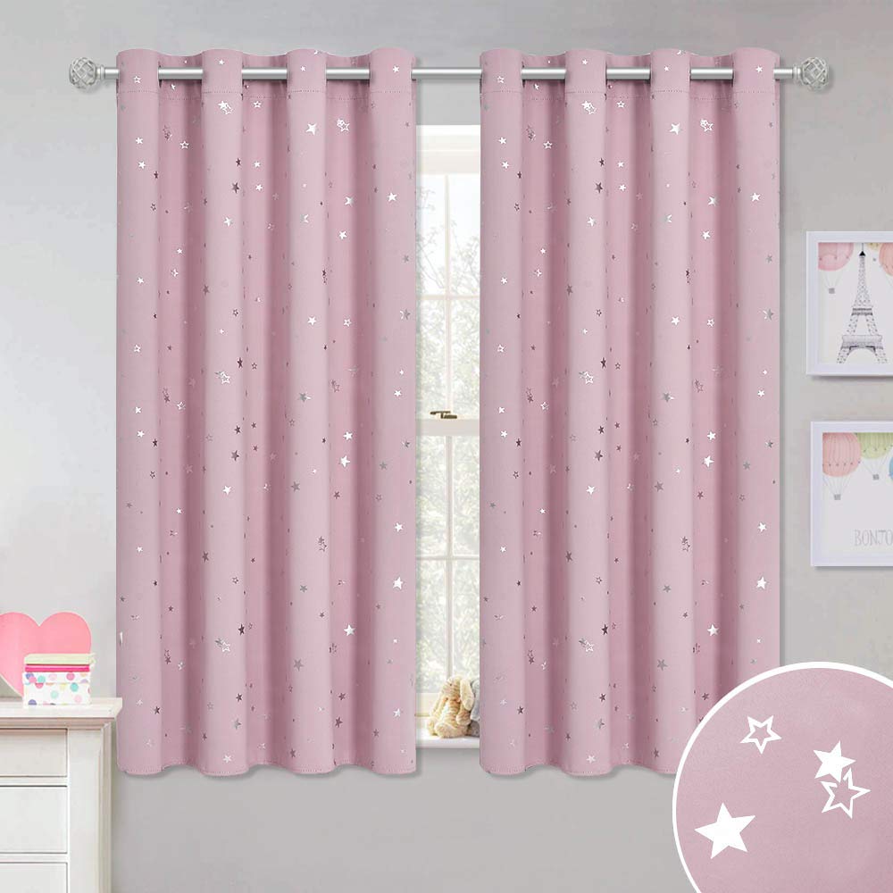 PONY DANCE Pink Curtains for Bedroom - 52 x 54 inch Pink Eyelet Foil Printed Star Blackout Curtains Thermal Eyelet Panels for Kids Preteen Bedroom/Nursery, Light Pink, 2 PCs 2 x W 52 x L 54 Printed Stars | Light Pink