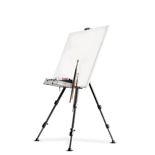 Walimex pro easel L 50-165cm, aluminum I ideal as a studio easel, table easel & field easel I for canvases up to HxD: 122x4cm, up to 6kg I shelf & holder for paints & brushes, with bag