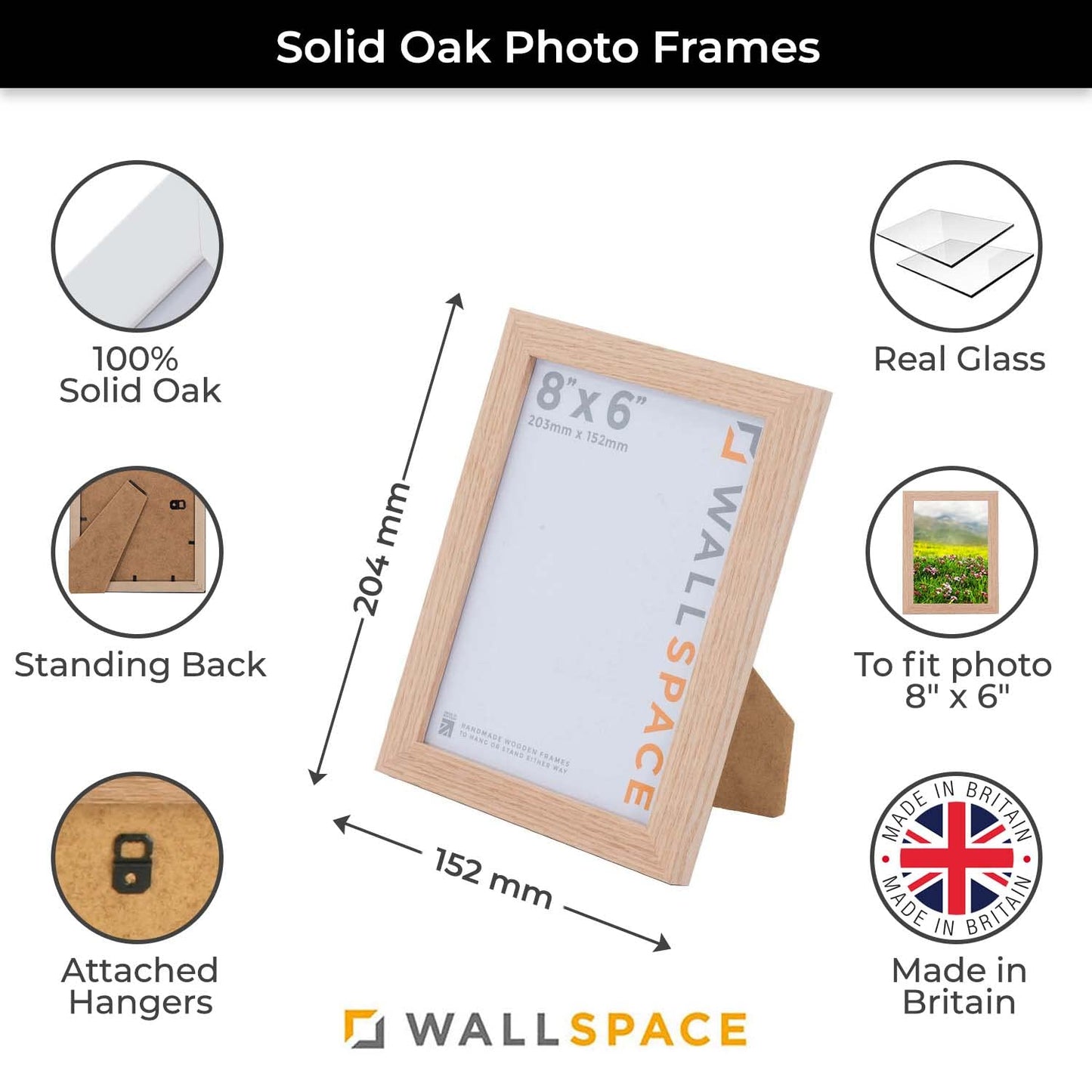 Wall Space 8x6 Oak Frame | Light Oak 8x6 Photo Frames | SOLID OAK Picture Frames 6x8 | 8 x 6 Inch Oak Photo Frame | Wooden 8x6 Photo Frames with REAL GLASS | 8x6 Wooden Frame | 8x6 Frame | 6x8 Frame Regular Frame Oak