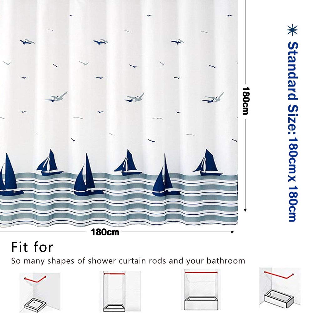 ORSJA Shower Curtain 180x180-Weighted Hem & Anti Mould & Resistant Washable, Blue Sailboat Nautical Bathroom Curtains with 14 Hooks