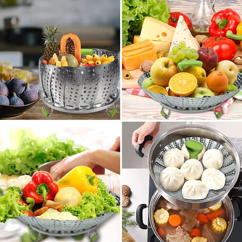 BangShou Steaming Basket for Cooking, Stainless Steel Vegetable Steamer for Saucepan, Metal Collapsible Pan Steamer Insert for Food, Small Folding Veg Petal Steamer with Handle (Upgrade 9'') Upgrade 9''