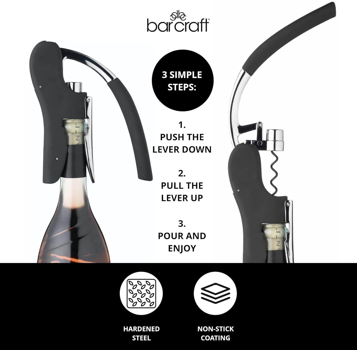 BarCraft Deluxe Corkscrew, Wine Bottle Opener with Built-in Foil Cutter, Black & Chrome