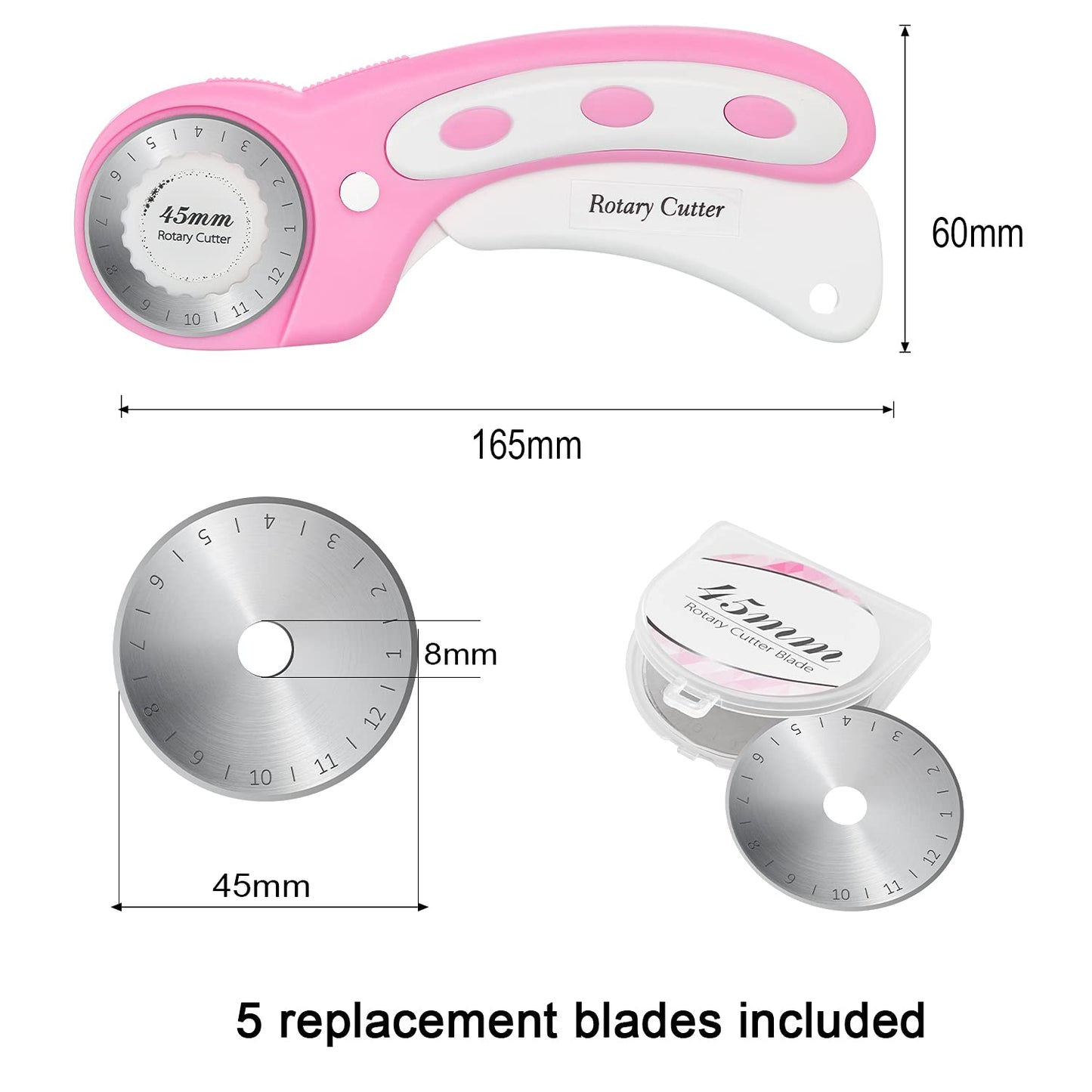 45mm Rotary Cutter with 5pcs Extra Blades, Ergonomic Handle Rolling Cutter with Safety Lock for Fabric, Leather, Crafting, Sewing, Quilting, Fabric Rotary Cutter Perfect for Left & Right Hand(Pink) Pink 45mm rotary cutter