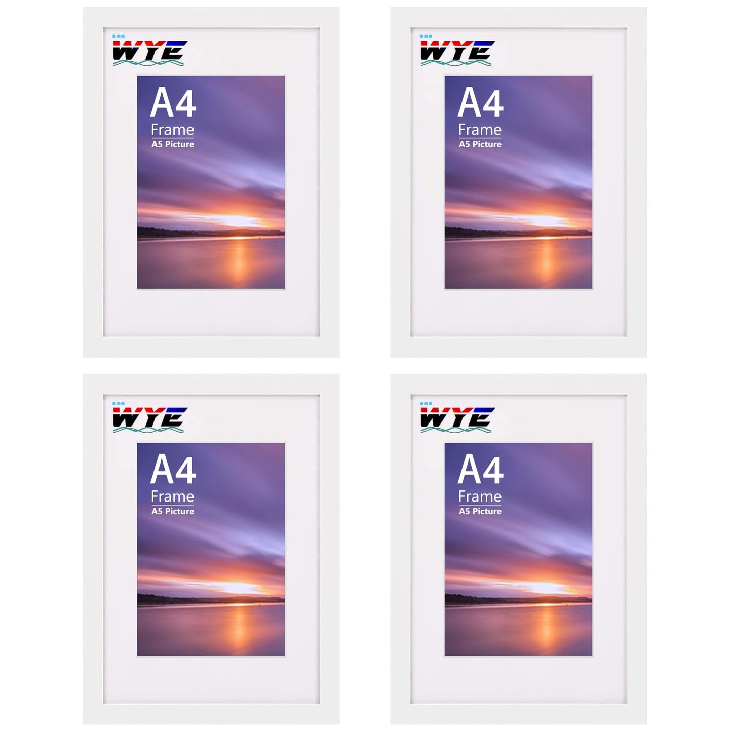 A4 Frame Wooden Set of 4, A4 Photo Frames with A5 Mount, A4 Picture Frames with Stand Tabletop or Wall Hanging, A4 White Frame Poster Frame with Plexiglass Window, White A4-4P