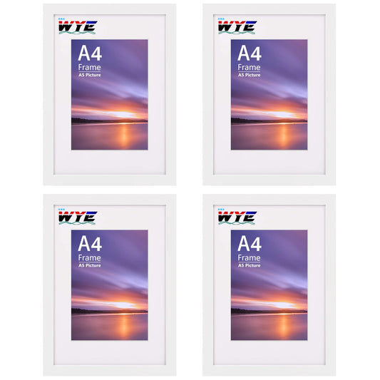 A4 Frame Wooden Set of 4, A4 Photo Frames with A5 Mount, A4 Picture Frames with Stand Tabletop or Wall Hanging, A4 White Frame Poster Frame with Plexiglass Window, White A4-4P