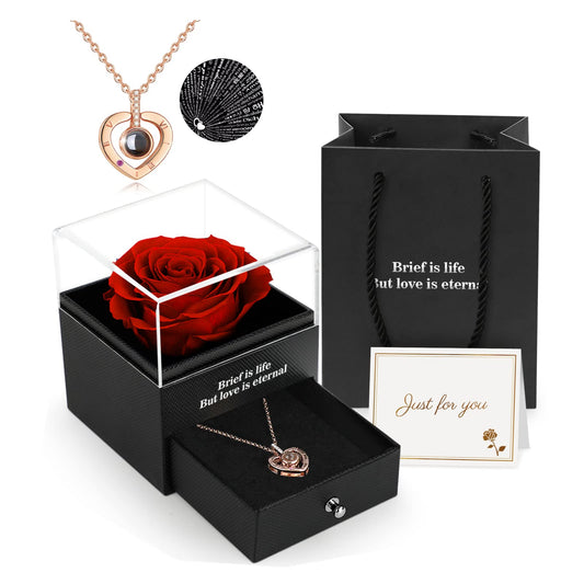 Preserved Real Rose, Gift Box with I Love You Necklace, Handmade Eternal Flower Gifts for Her Woman Wife Girlfriend on Birthday, Anniversary, Valentine's Day, Mother's Day, Christmas Red