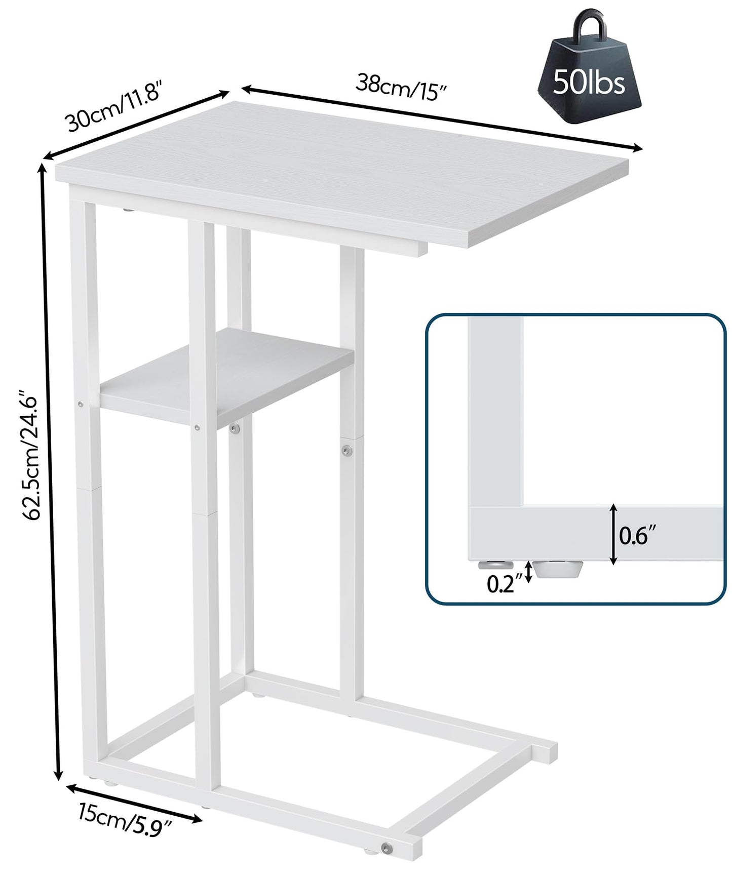 Yusong C Shaped End Table, Small Side Tables Slide Under Sofa Couch Bed, Small TV Tray Bedside Table for Small Spaces, Living Room, Bedroom, White 2 Tier