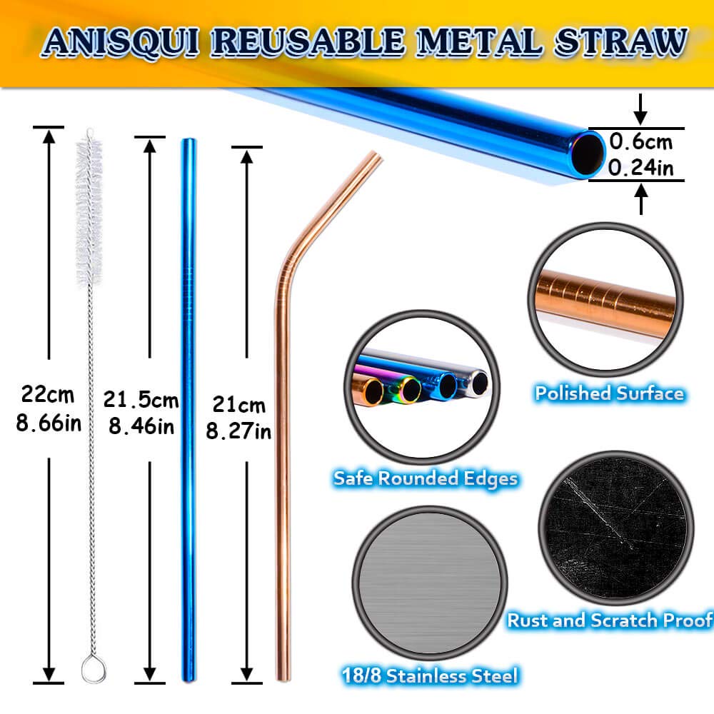 AniSqui Set of 8 Reusable Metal Straws and Cleaner, 8.5'' Coloured Stainless Steel Straws Reusable, (4 Straight + 4 Bent + 2 Brushes Reusable Straws Drinking)