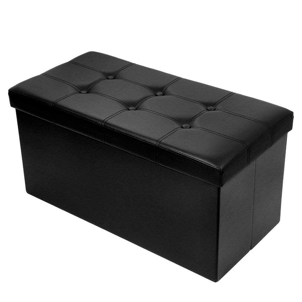 BRIAN & DANY Folding Ottoman Bench Storage Box with Lid, Large Storage Seat Faux Leather Footstool Toy Storage Box, Black, 76 x 38 x 38 cm 76x 38x 38 cm