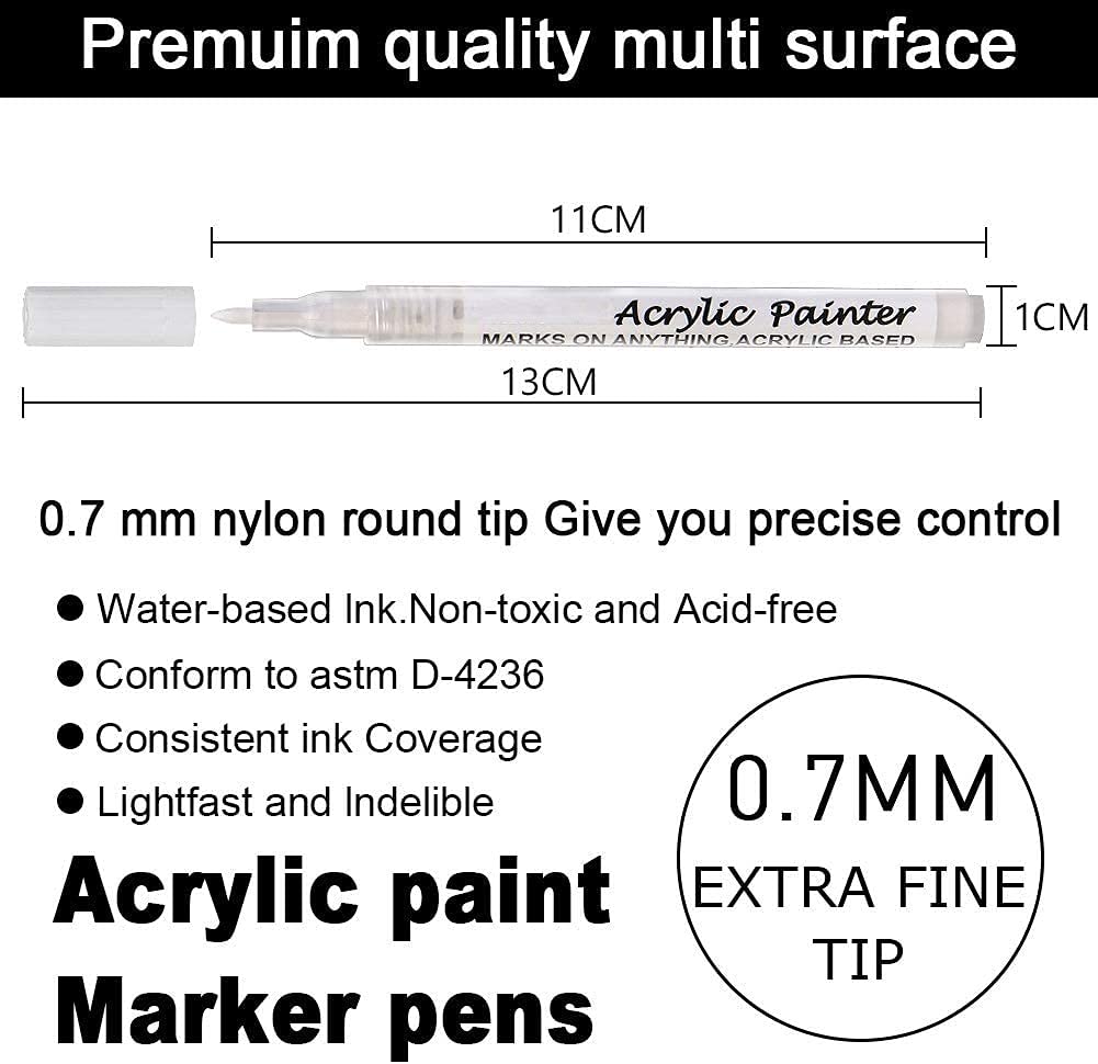 White Marker Pen, 8 Pack 0.7mm Acrylic Paint Pen white permanent marker for Rock, Wood, Fabric, Glass, Canvas, Wood, Permanent Water Based, Extra-fine Tip (6 white & 2 black) B-6 white + 2 black