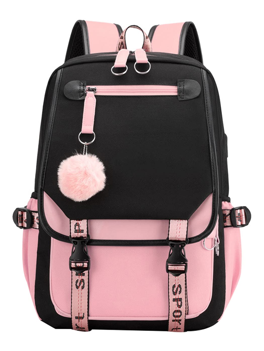 SellerFun Teenage girls' Backpack Middle School Students Bookbag Outdoor Daypack With USB charge Port 21 Liters 4# Black Pink