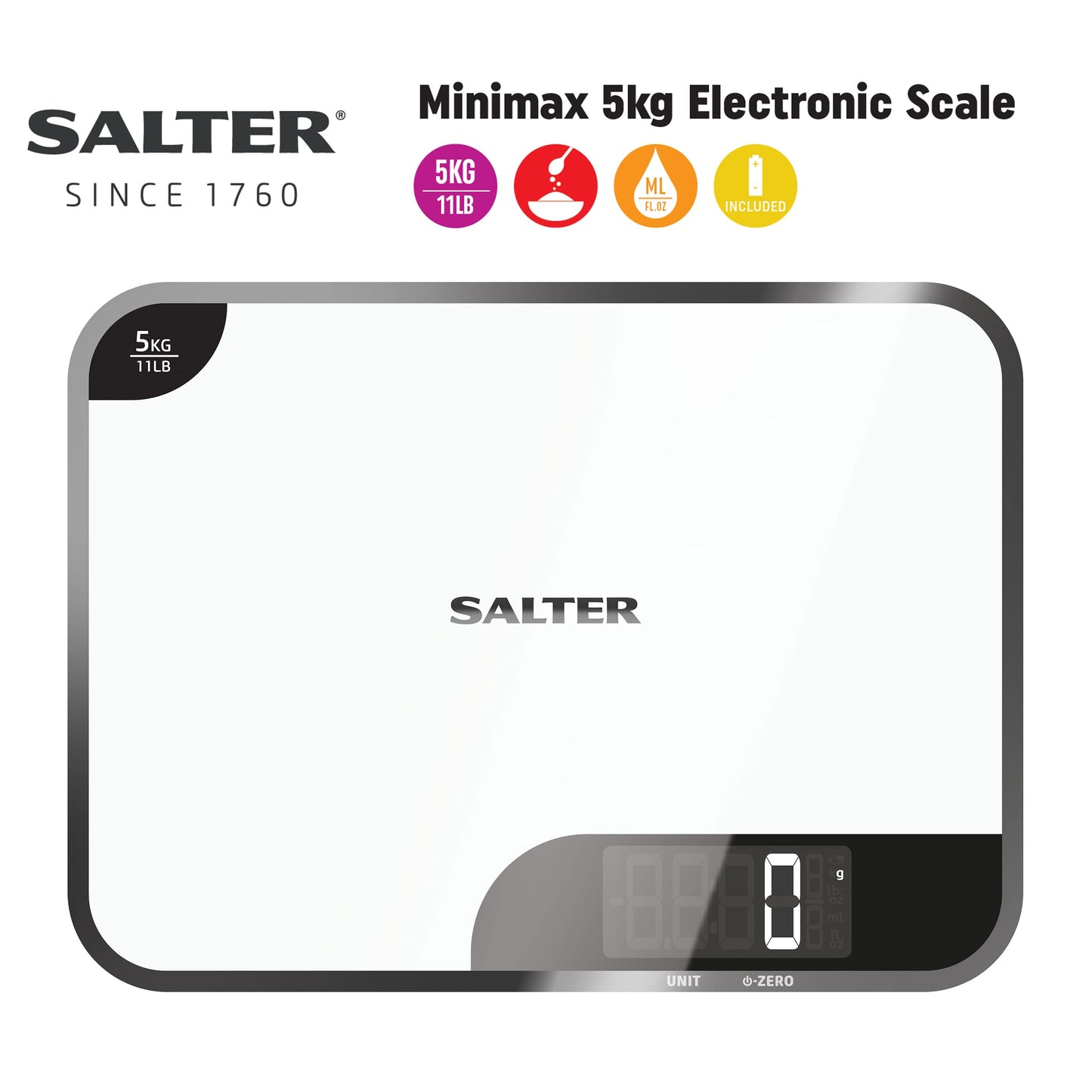 Salter 1064 WHDR Digital Kitchen Scale - 5kg Capacity, Easy Read Display, Add &Weigh/Tare Function, Measure Liquids in ml/fl.oz, Glass Platform For Baking & Cooking, Batteries Included, 17 x 23 x 1cm 5 KG Kitchen Scale and Chopping Board