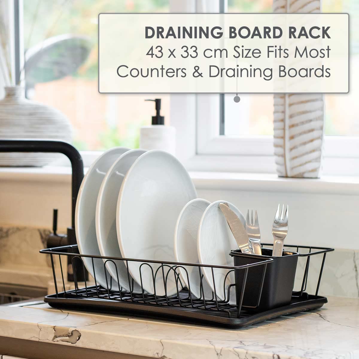 Dish Rack Drainer Kitchen Plate Drying Rack with Removable Drip Tray and Utensil Holder Anti Rust Compact Design Black