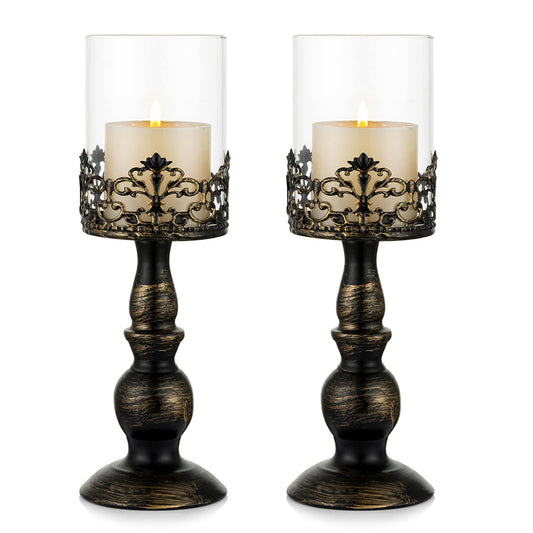 Sziqiqi Vintage Distressed Black Hurricane Candle Holders Set of 2, Versatile Metallic Pedestal Glass Floral Centerpiece Base for Wedding Party Home Fireplace Mantel Decoration 33cm/13in L × 2