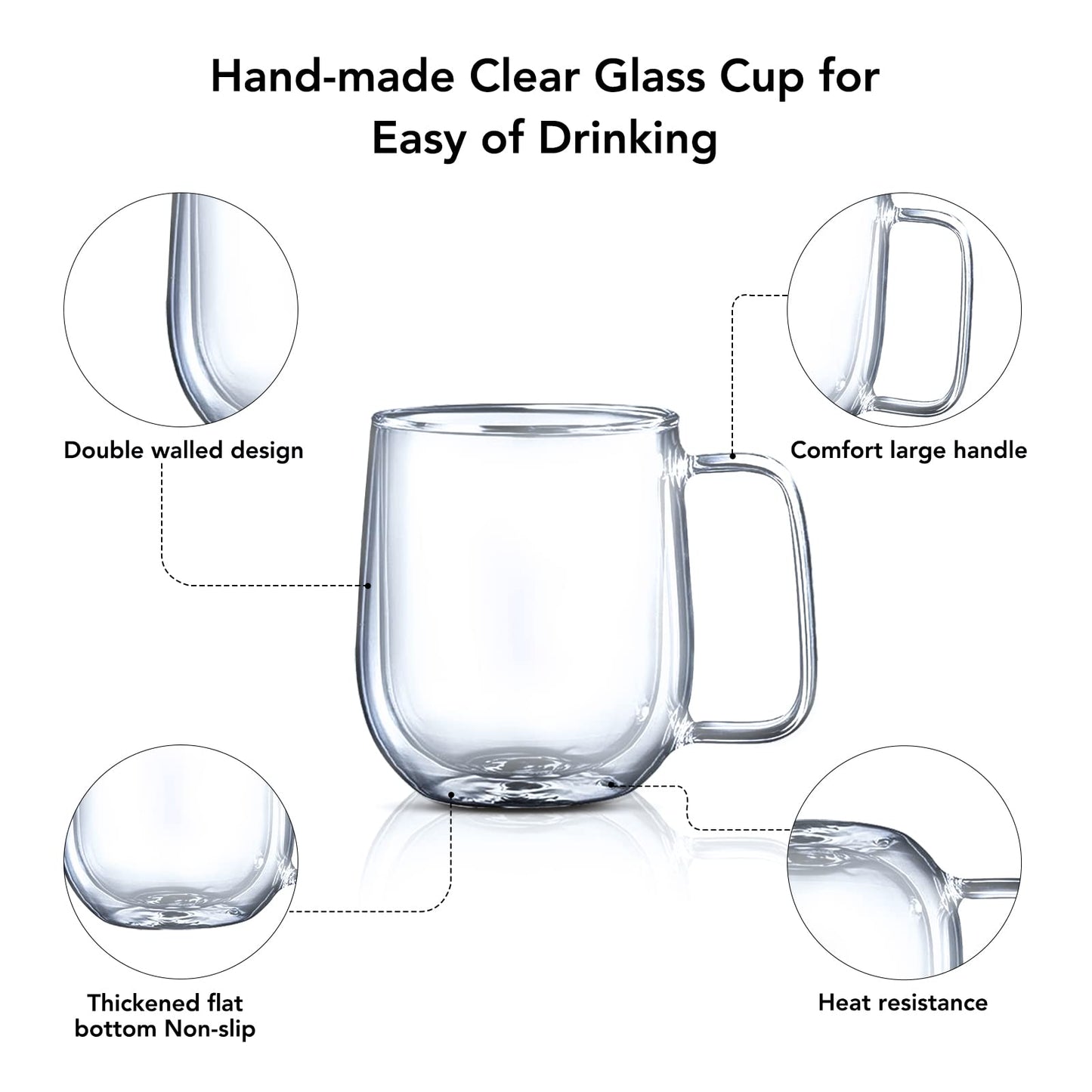 CMXING Set of 2 Double Walled Glass Coffee Mugs 300ml, Clear Insulated Glass Coffee Mugs with Handles, Hand Blown, Heat Resistant, Large Glass Cups 2 Count (Pack of 1)