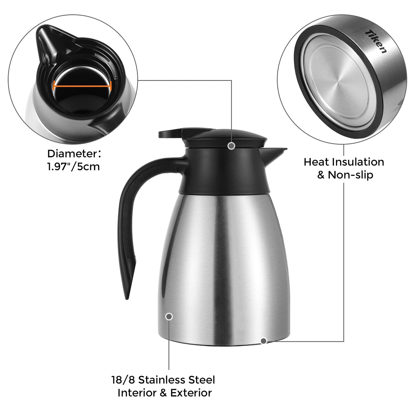 Tiken 1L Thermal Coffee Carafe Jug, Stainless Steel Insulated Vacuum Coffee Pot Flask for Tea Hot and Cold Drinks Silver 1.0L