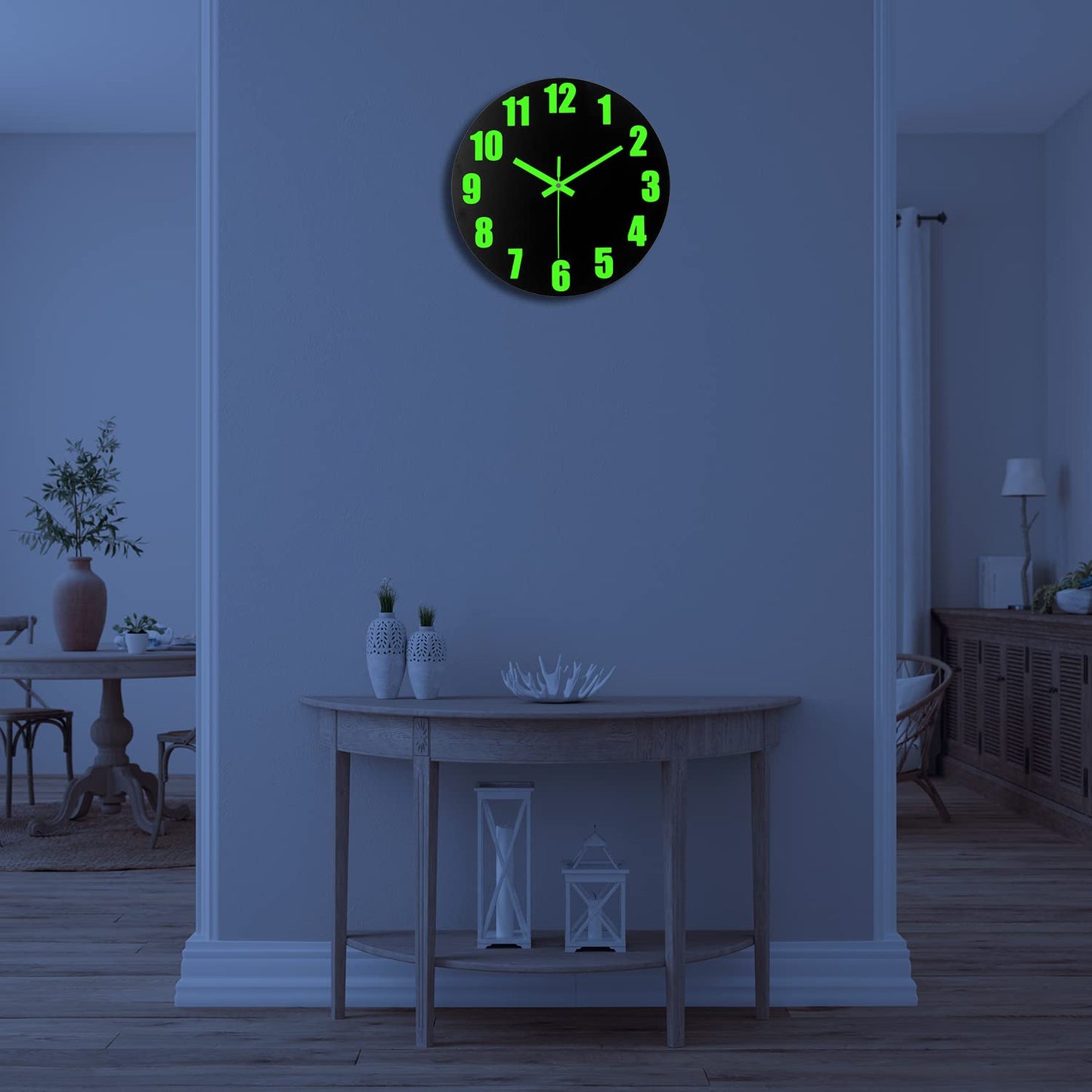 DIYZON Luminous Wall Clock, 16'' Wooden Wall Clocks with Silent Movement and Glowing up Function, No Glass Village Wall Clock Decorative Bedroom, Kitchen, Office, Battery Operated Black 16 Inch