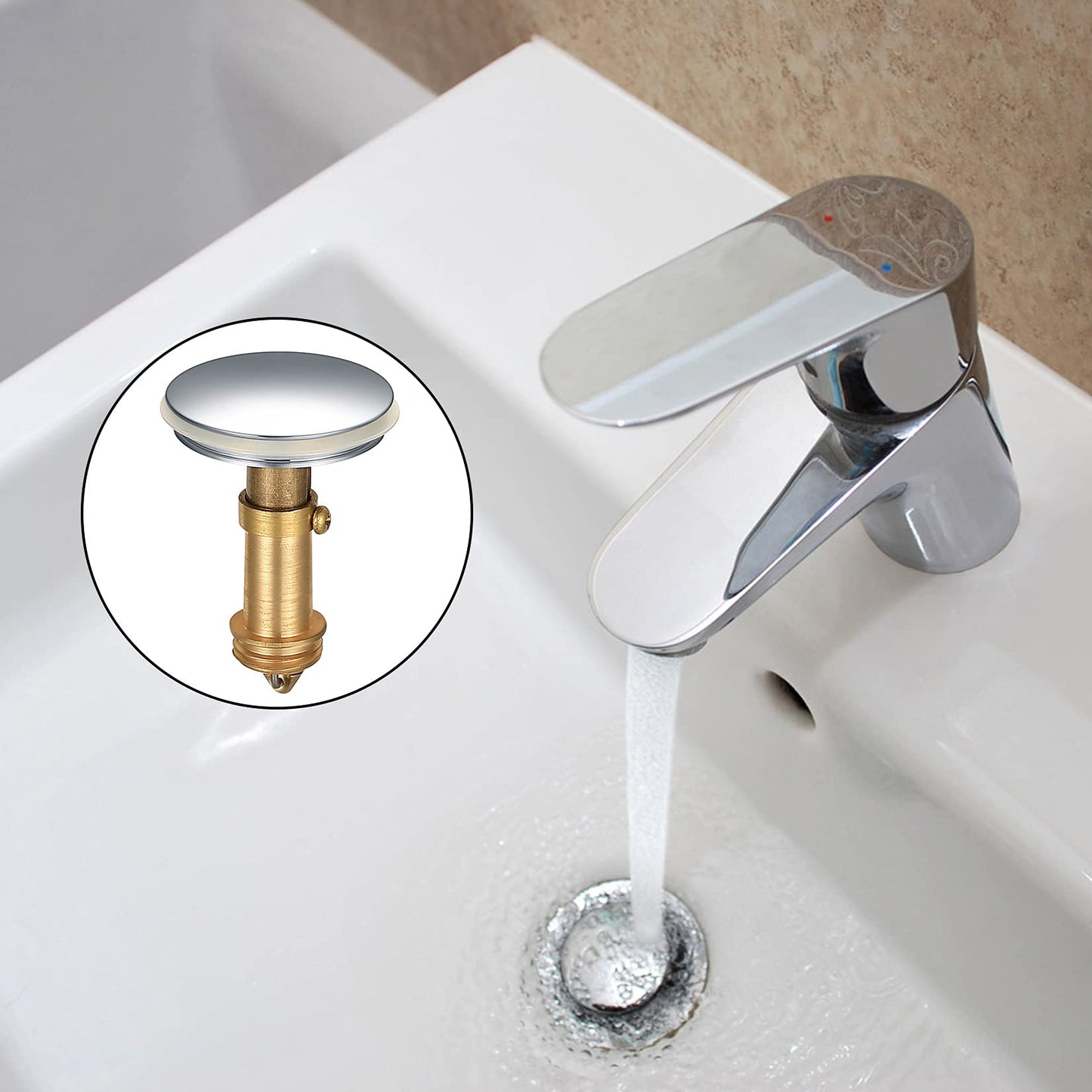 2Pcs Pop Up Sink Plugs, Bathroom Push Drain Stopper Plugs, 38mm Click Clack Plug Sprung Stopper, Basin Sink Button Plugs for Kitchen Bathroom Washbasin Bath, Solid Brass Chrome Plating 2