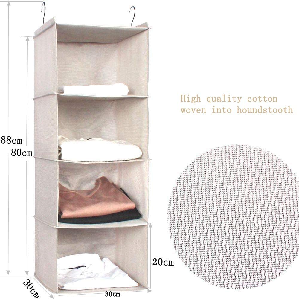 BrilliantJo Hanging Closet Organizer for Clothes Sweaters Advanced cloth 4 shelves Hanging Wardrobe Storage Shelves, Beige Check Washable(31.5 * 12 * 12 inch)