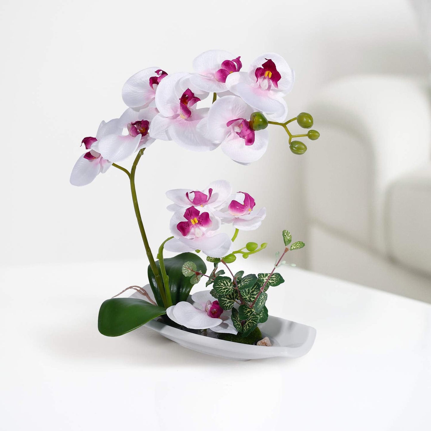 RENATUHOM Artificial Orchid Flower White Orchid Fake Flowers Mothers Day Orchid Silk Flower Arrangements Purple Flowers with Porcelain Vase Bonsai Decoration White Purple Orchid